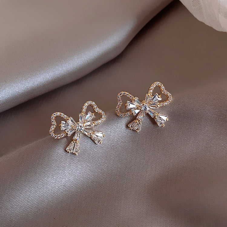 Rhinestone Bow Earrings Female Korean Style Temperament