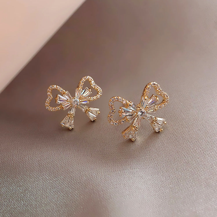 Rhinestone Bow Earrings Female Korean Style Temperament