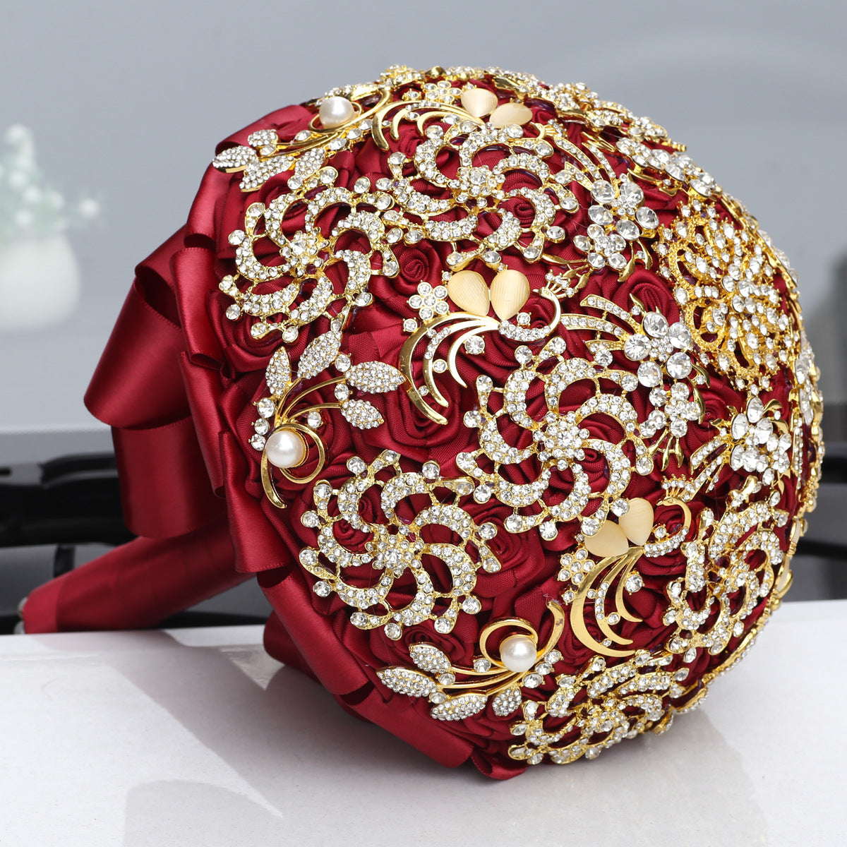 Golden Full Diamond Bridal Bouquet, Golden Rhinestones, European And American Style Handmade Burgundy Wedding Bouquet