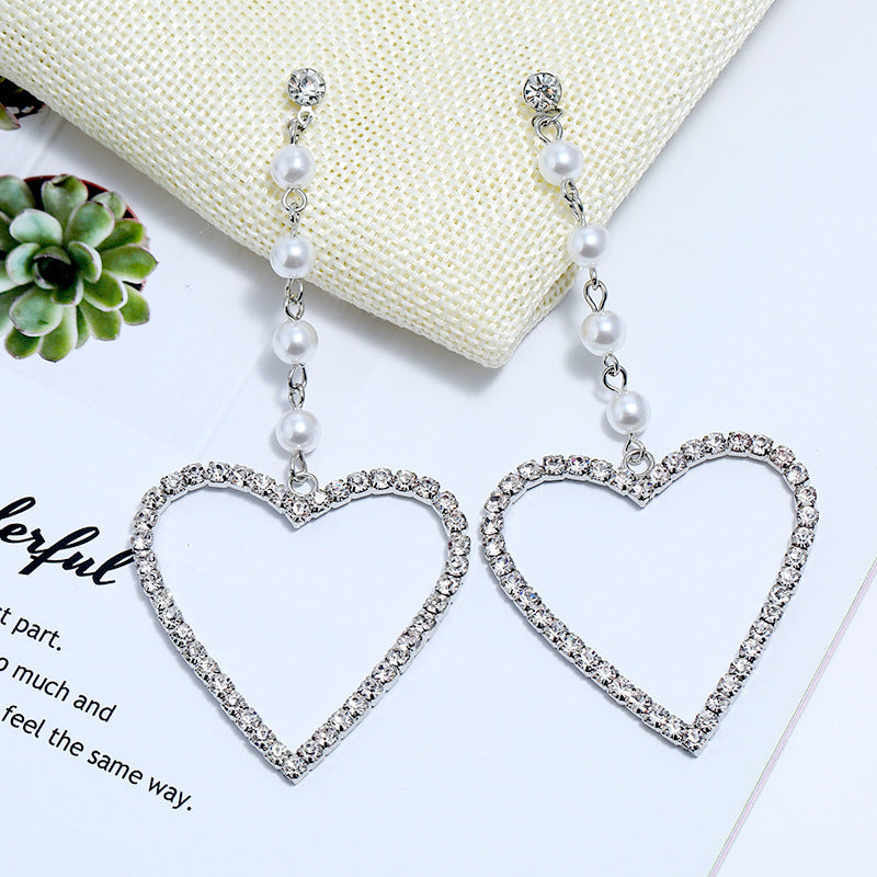 Fashion Exaggerated Rhinestone Big Love Long Earrings