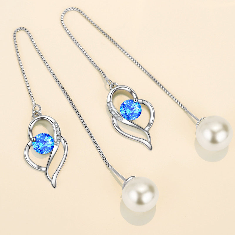 Temperament Long Imitated Silver Heart-Shaped Earrings Korean Jewelry