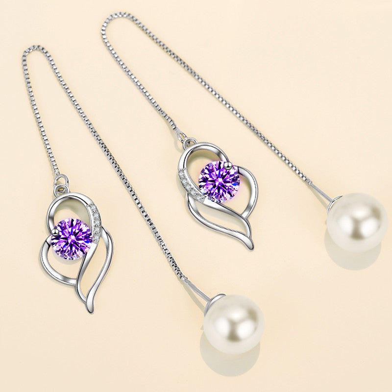 Temperament Long Imitated Silver Heart-Shaped Earrings Korean Jewelry