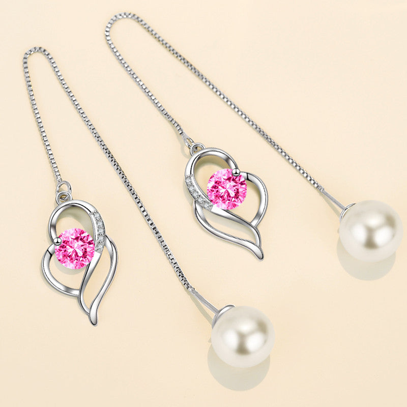 Temperament Long Imitated Silver Heart-Shaped Earrings Korean Jewelry