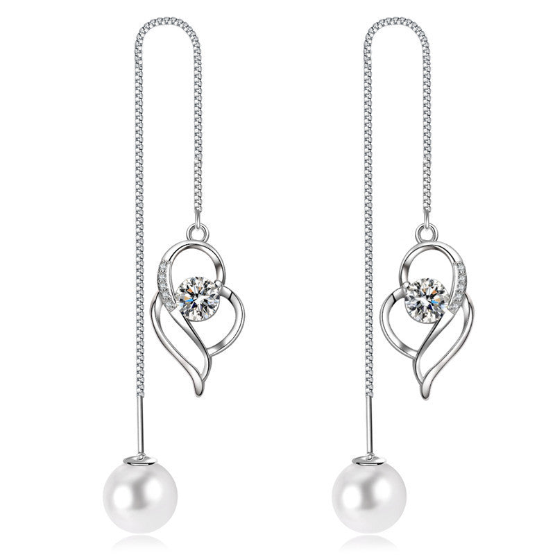 Temperament Long Imitated Silver Heart-Shaped Earrings Korean Jewelry