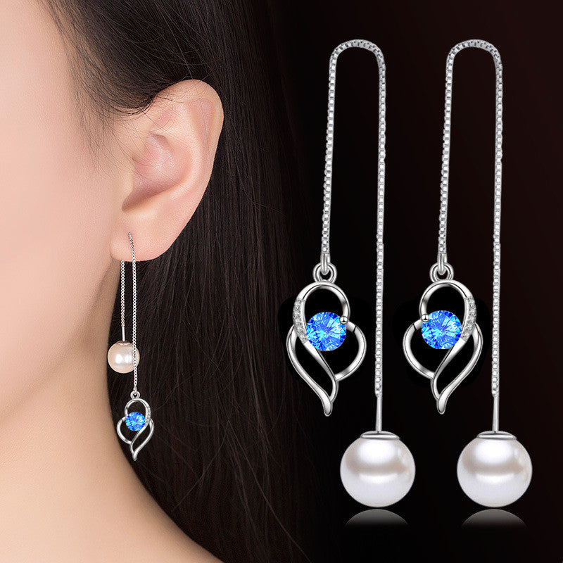 Temperament Long Imitated Silver Heart-Shaped Earrings Korean Jewelry