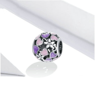 Silver Charm Drop Oil Purple Love Hollow 925 Silver Beads Valentine's Day Gift