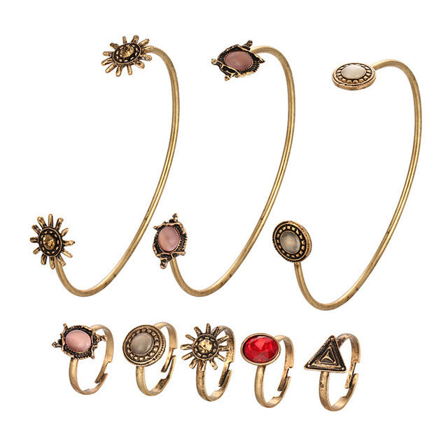 Vintage Floral Open Bracelet Ring Set