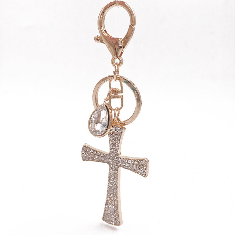 Hot Sale Christian Water Drop Diamond Cross Keychain Metal Pendant Female Bag Accessories