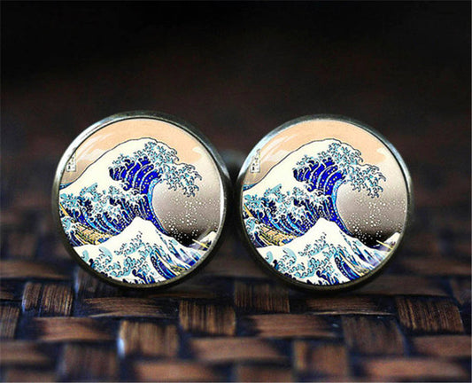 Kanagawa Time Gemstone Cufflinks French Shirt Men's Fashion Glass Cufflinks