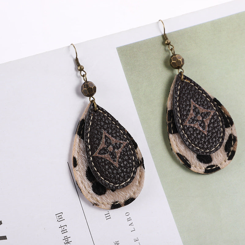 Drop-Shaped Double-Sided Pu Leather Earrings Leopard Leather Earrings