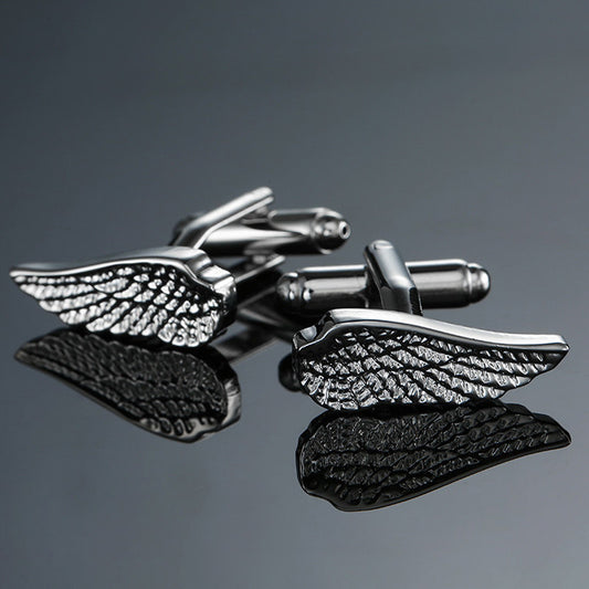 Copper Material Carved Pattern Silver Wings Cufflinks