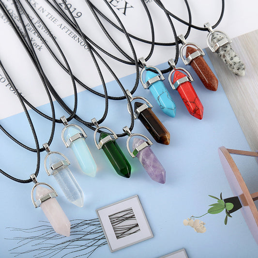 Natural Stone Hexagon Pillar Pendant Necklace
