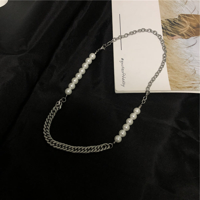 Titanium Steel Chain Stitching Pearl Necklace Cool Hip Hop