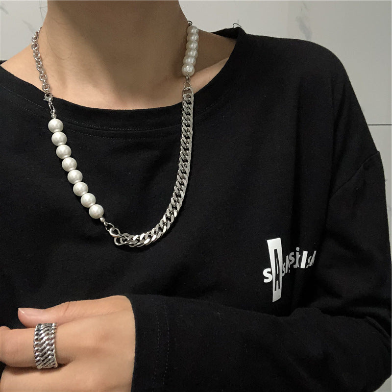 Titanium Steel Chain Stitching Pearl Necklace Cool Hip Hop