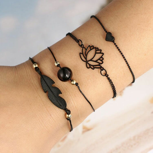 Four-piece Black PearlLove Leaf Lotus Bracelet Combination