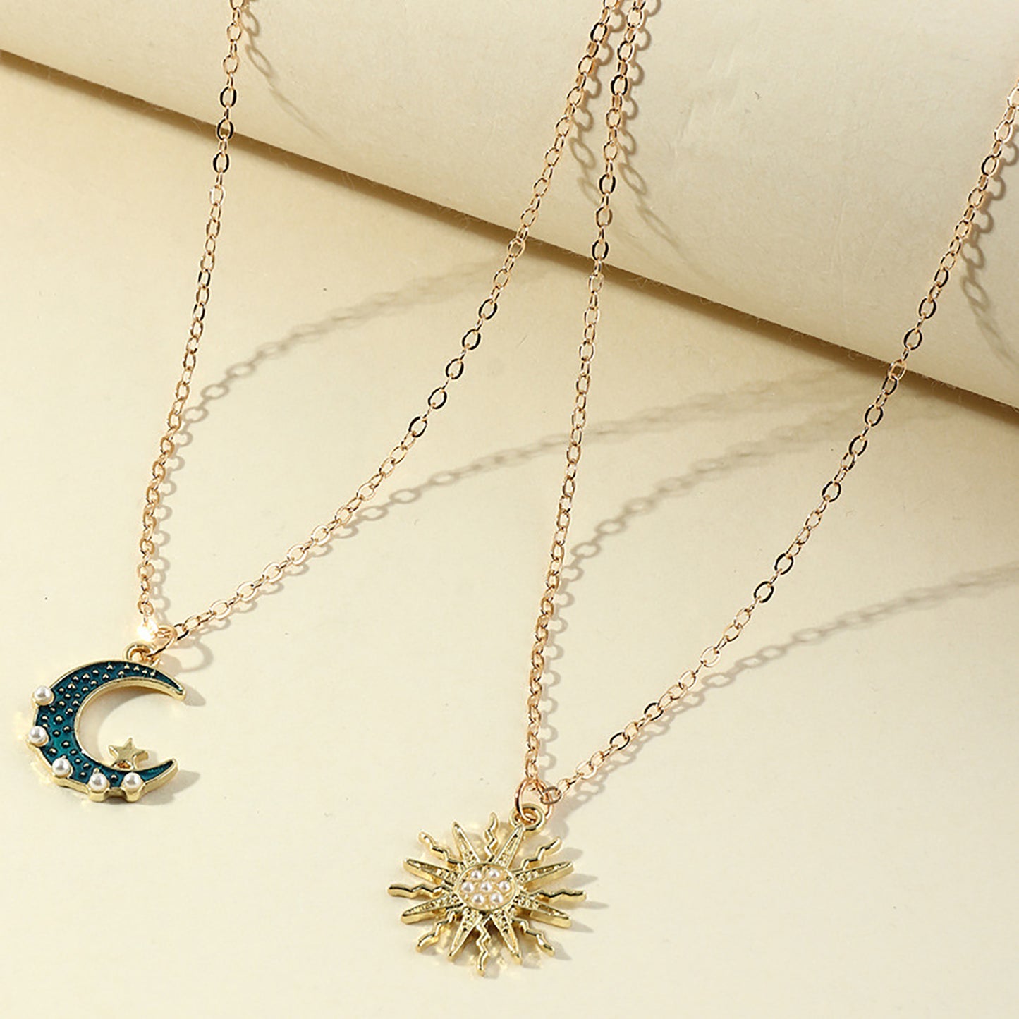 Sun Moon Necklace Blue Gold Stainless Steel Pendant Necklaces Jewelry