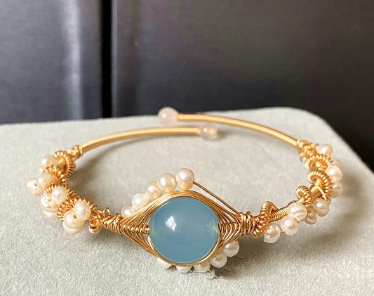 14K GoldWrapped Handmade Bracelet Hailan Baohai Sapphire Natural White Pearl Bracelet