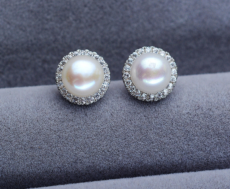 Freshwater Pearl Steamed Buns Round Almost Flawless Glare Pearl Zircon Earrings