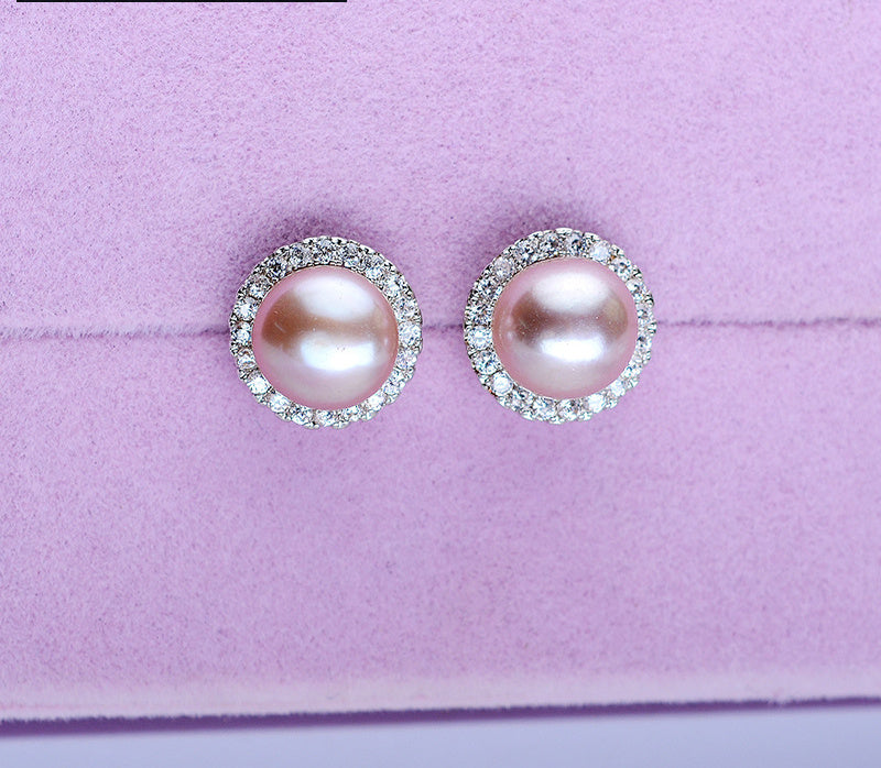 Freshwater Pearl Steamed Buns Round Almost Flawless Glare Pearl Zircon Earrings