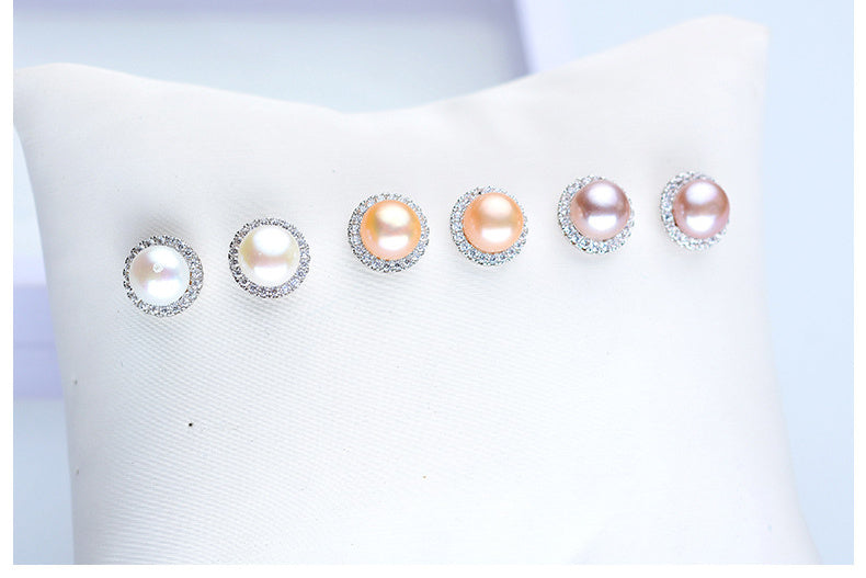 Freshwater Pearl Steamed Buns Round Almost Flawless Glare Pearl Zircon Earrings