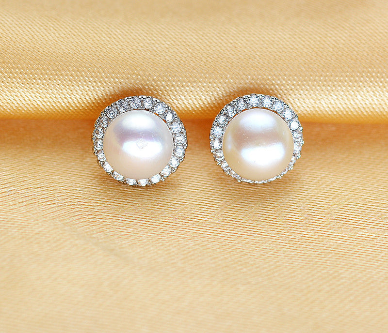 Freshwater Pearl Steamed Buns Round Almost Flawless Glare Pearl Zircon Earrings