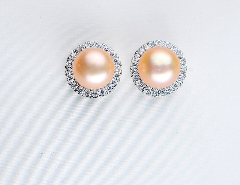 Freshwater Pearl Steamed Buns Round Almost Flawless Glare Pearl Zircon Earrings