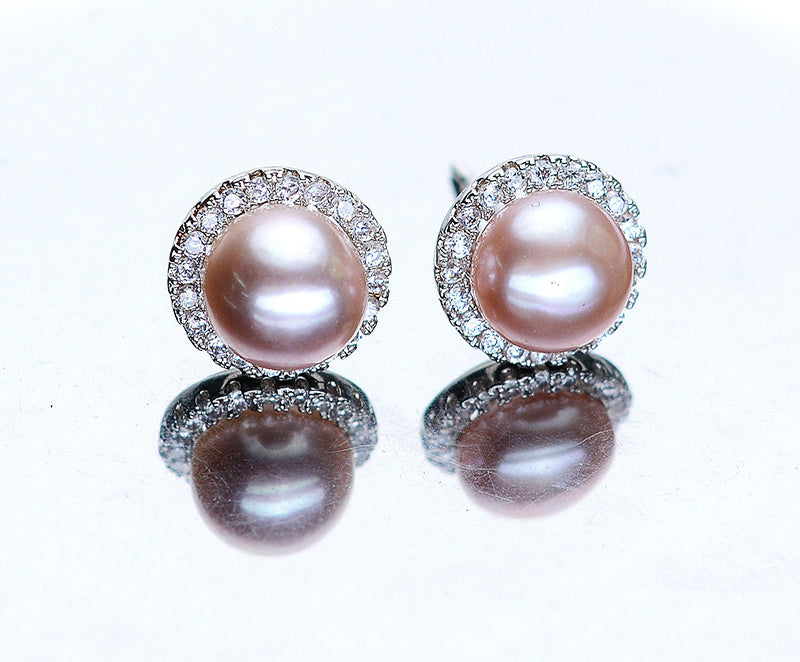 Freshwater Pearl Steamed Buns Round Almost Flawless Glare Pearl Zircon Earrings