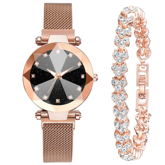 Women's Watch Square Diamond Rhinestone Starry Sky Face Ladies Casual Fashion Watch Set Bracelet Watch
