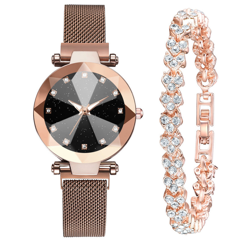 Women's Watch Square Diamond Rhinestone Starry Sky Face Ladies Casual Fashion Watch Set Bracelet Watch