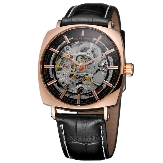 Forsining Black Genuine Leather Fashion Royal Luxury Gold Clock Transparent Skeleton Men Automatic Mechanical Watches Top Brand