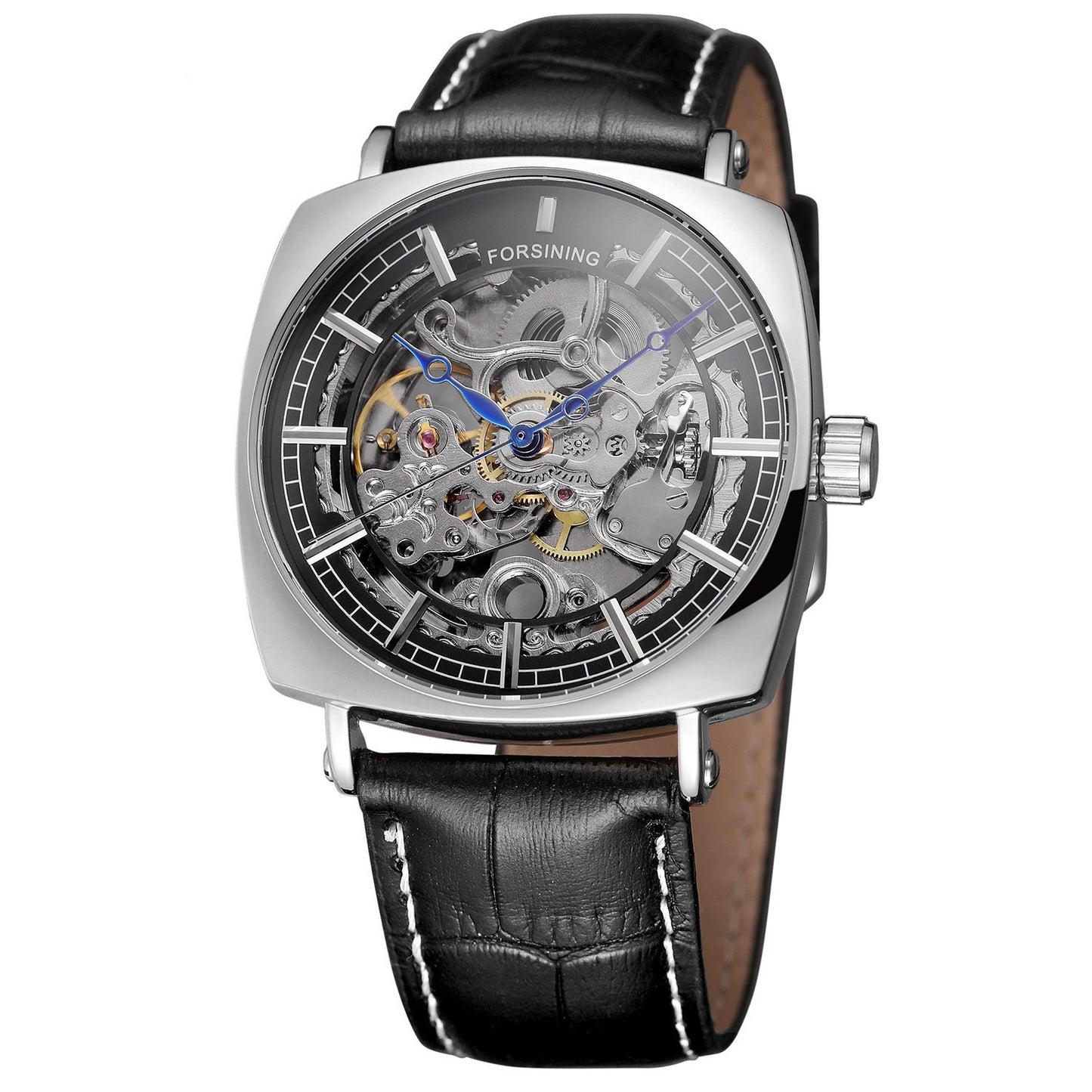 Forsining Black Genuine Leather Fashion Royal Luxury Gold Clock Transparent Skeleton Men Automatic Mechanical Watches Top Brand