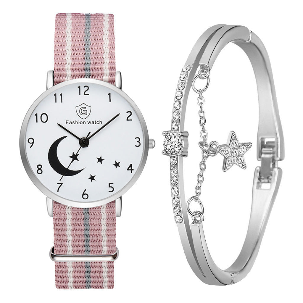 Fashion Watch For Women Bracelet Set Casual Canvas Strap Ladies Watches Moon Stars Pattern Quartz Wristwatches Female Gift Clock