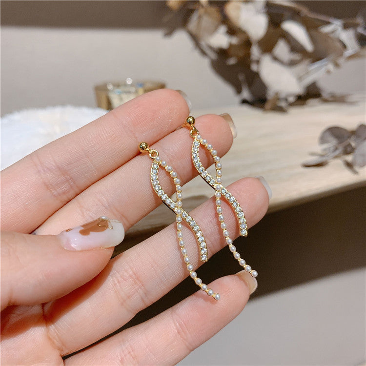 925 Silver Needle Pearl Curved Earring Temperament Long Earrings