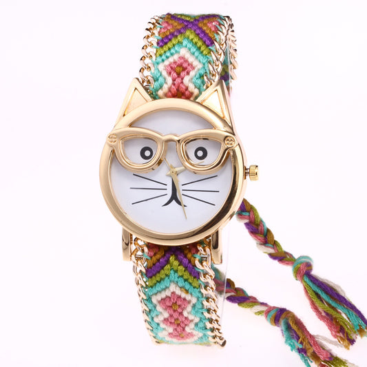 Diy Hand-Knitted Woolen Chain Ears Cat Face Glasses Watch New Ethnic Style Woven Ladies Bracelet Watch
