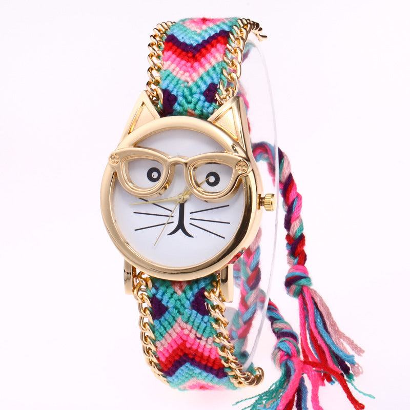 Diy Hand-Knitted Woolen Chain Ears Cat Face Glasses Watch New Ethnic Style Woven Ladies Bracelet Watch