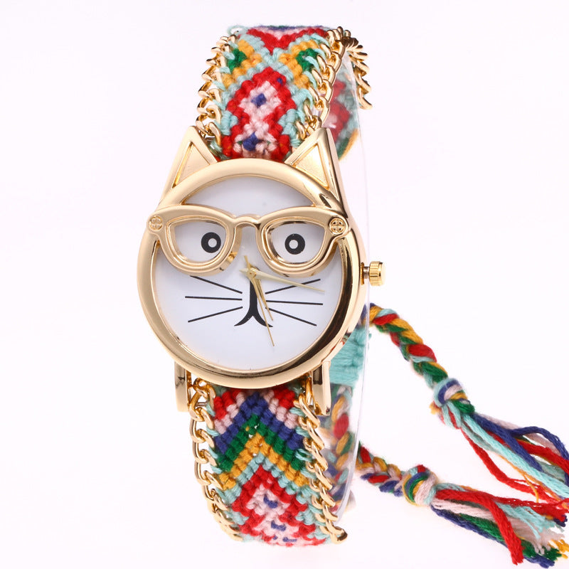 Diy Hand-Knitted Woolen Chain Ears Cat Face Glasses Watch New Ethnic Style Woven Ladies Bracelet Watch