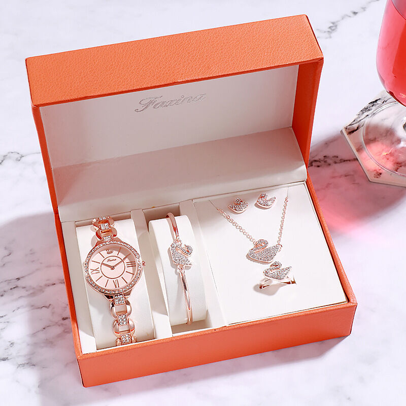 Women Quartz Watch Set Bracelet Necklace Ring Earrings Gift