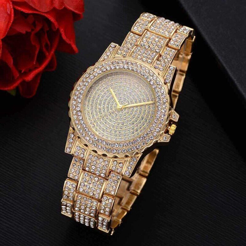 Diamond Watch Pearl Bracelet Earrings Necklace Set For Women