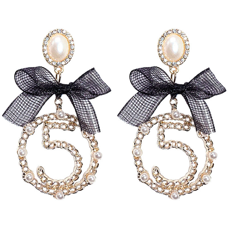 East Gate Bowknot Pearl Digital Circle Gold Fashion Personality Exaggeration Net Red Earrings Girl