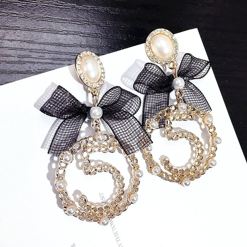 East Gate Bowknot Pearl Digital Circle Gold Fashion Personality Exaggeration Net Red Earrings Girl