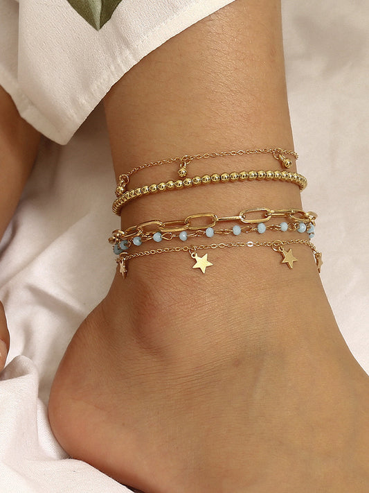 Fashion All-Match Cross Hollow Multi-Layer Foot Ornaments Women'S Simple Multiple Stars And Round Bead Anklets