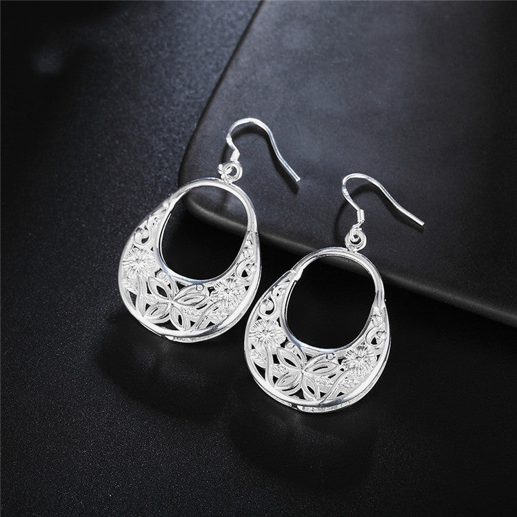 925 Silver Earrings Female Retro Hollow Flower Oval Earrings Earrings Fashion Simple Jewelry For Girlfriend