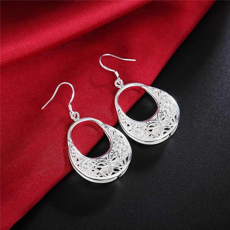 925 Silver Earrings Female Retro Hollow Flower Oval Earrings Earrings Fashion Simple Jewelry For Girlfriend