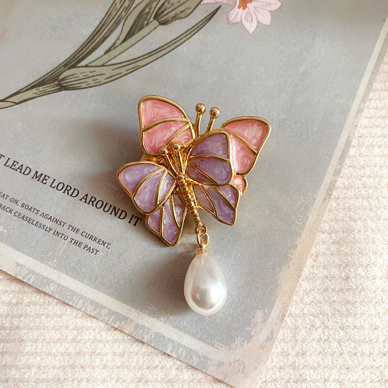 New Wholesale Retro French Butterfly Enamel Freshwater Pearl Brooch S925 Silver Needle Stud Earrings Exquisite Pin Earrings