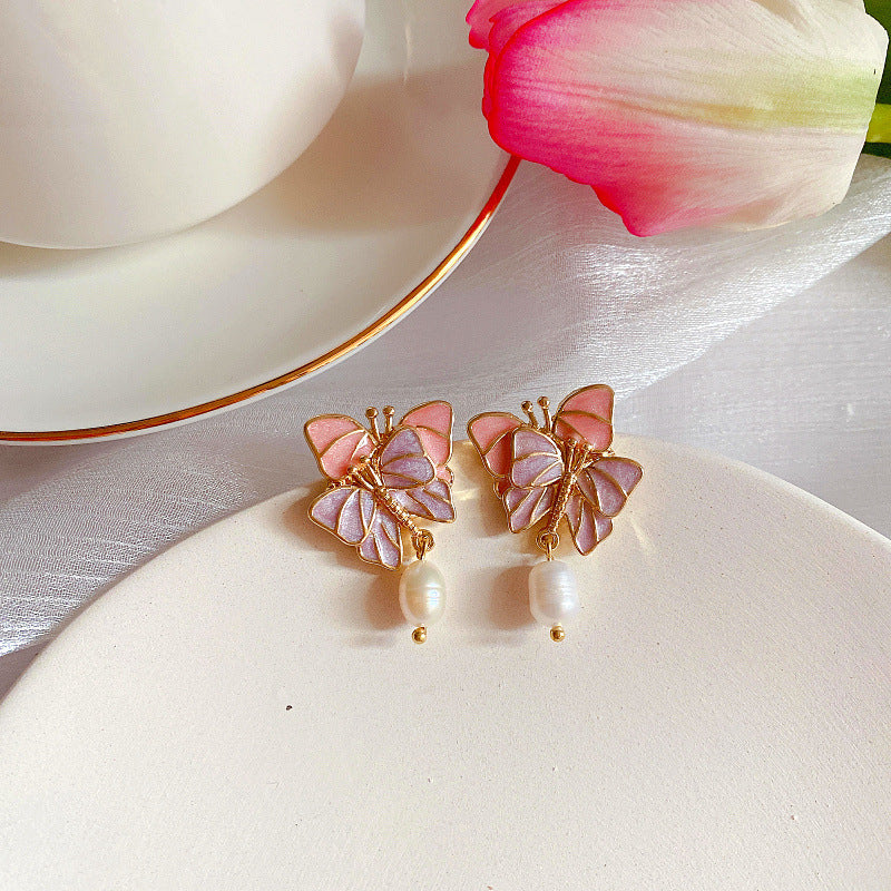 New Wholesale Retro French Butterfly Enamel Freshwater Pearl Brooch S925 Silver Needle Stud Earrings Exquisite Pin Earrings