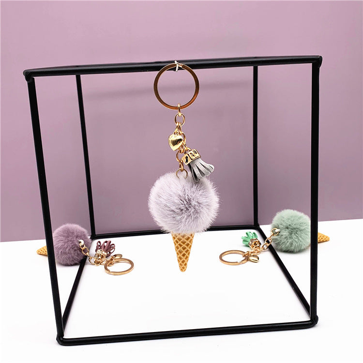 Ice Cream Keychain with Plush Hair Ball