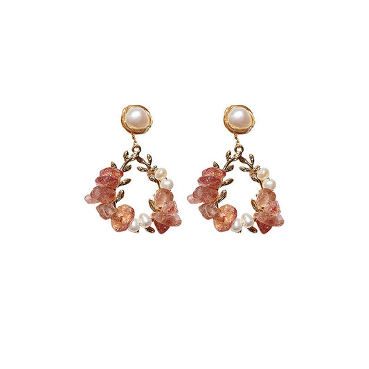 Pink Crystal & Pearl Leaf Design Earrings