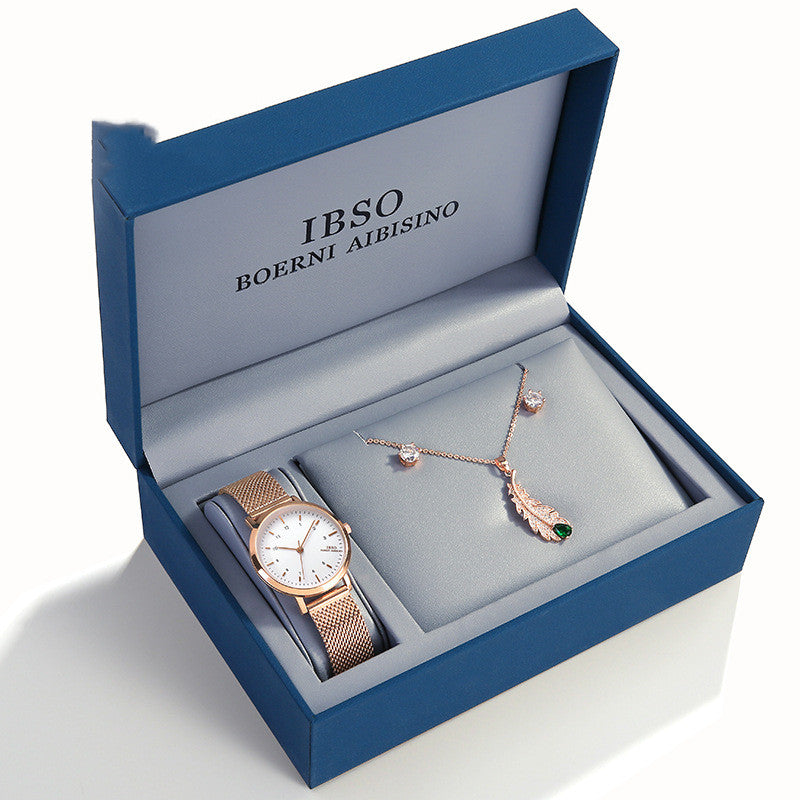 Rose Gold Leaf Necklace Blue Box Set