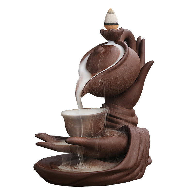 F Ceramic Waterfall Incense Burner Buddha Hand Censer Holder Indoor Smoke Backflow Incense Fountain Buddhist Altar Table Decor