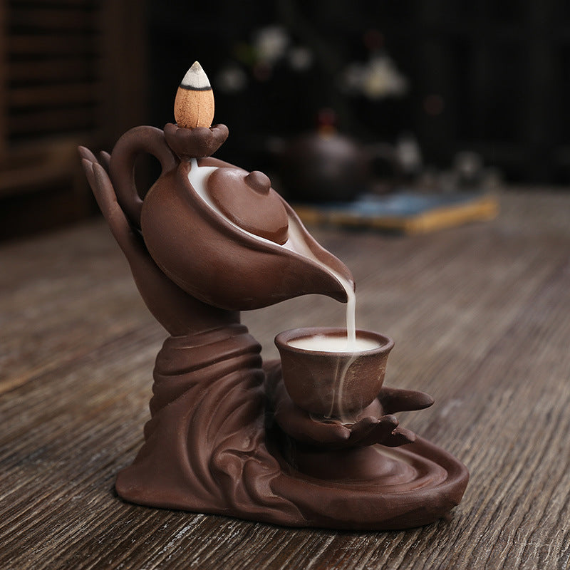 F Ceramic Waterfall Incense Burner Buddha Hand Censer Holder Indoor Smoke Backflow Incense Fountain Buddhist Altar Table Decor